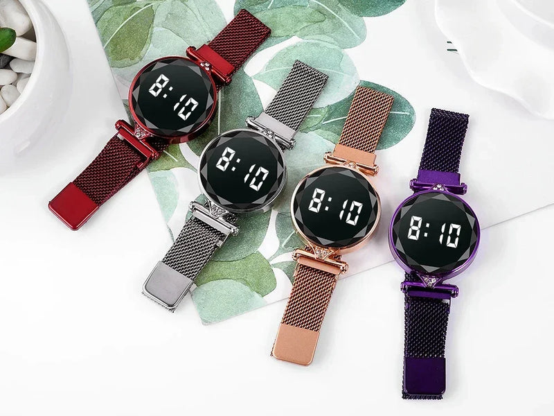 Reloj LED de lujo para mujer, pulsera magnética, relojes de oro rosa, relojes digitales de cuarzo para mujer, reloj femenino