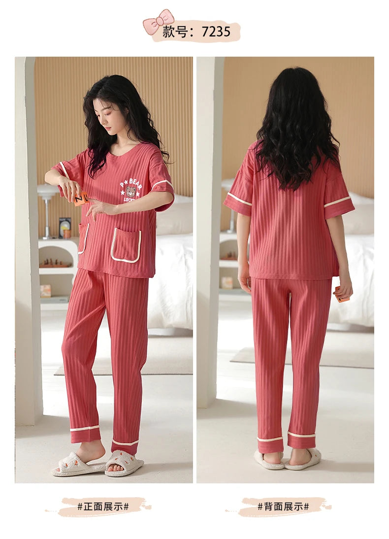 Conjuntos de pijamas de talla grande 5XL, pijamas de punto de oso de dibujos animados de manga corta, pijamas a cuadros, pijamas elegantes para mujer, pijamas para estar en casa, pijamas para mujer