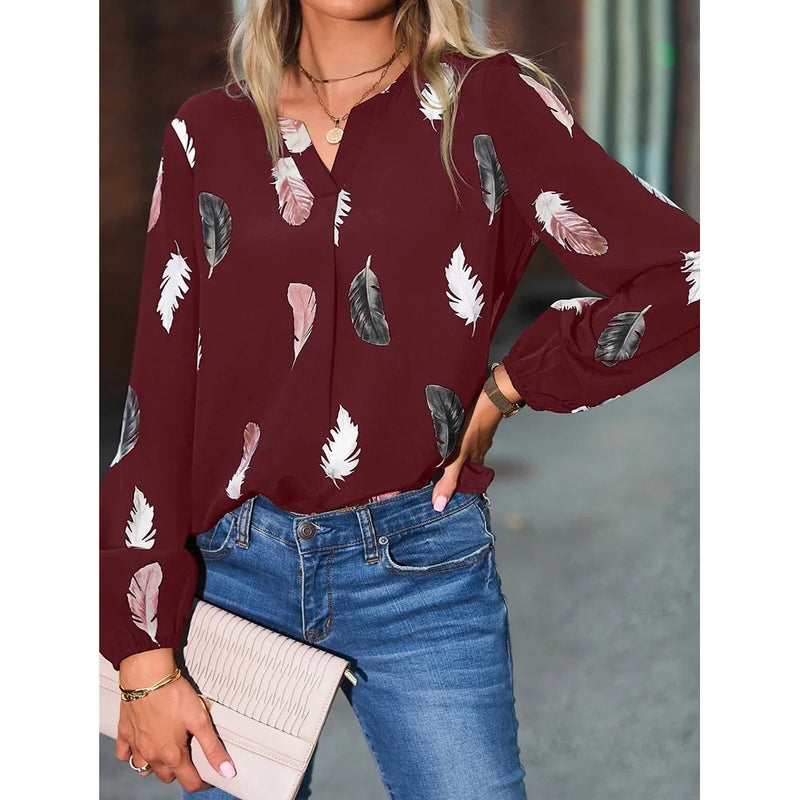 Fashion Woman Blouse Shirts For Women Stylish Top long Sleeve Feather Pattern Female Tops Elegant Chiffon Mujer Woman Clothes