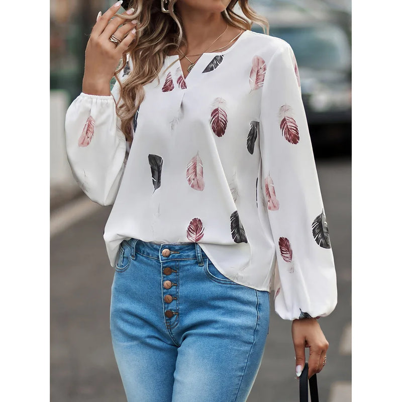 Fashion Woman Blouse Shirts For Women Stylish Top long Sleeve Feather Pattern Female Tops Elegant Chiffon Mujer Woman Clothes