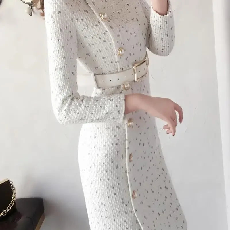 Women Autumn Winter Korean New O-Neck Woolen Dress Fashion Button Bow Long Dress Casual Waist Closing Long Sleeve A-line Dress