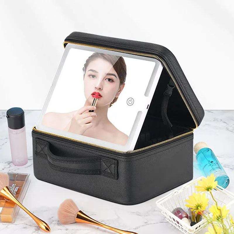 Estuche de cosméticos inteligente con LED y espejo, bolsa de maquillaje de viaje de gran capacidad, estuche de maquillaje para productos de cuidado de la piel para mujeres