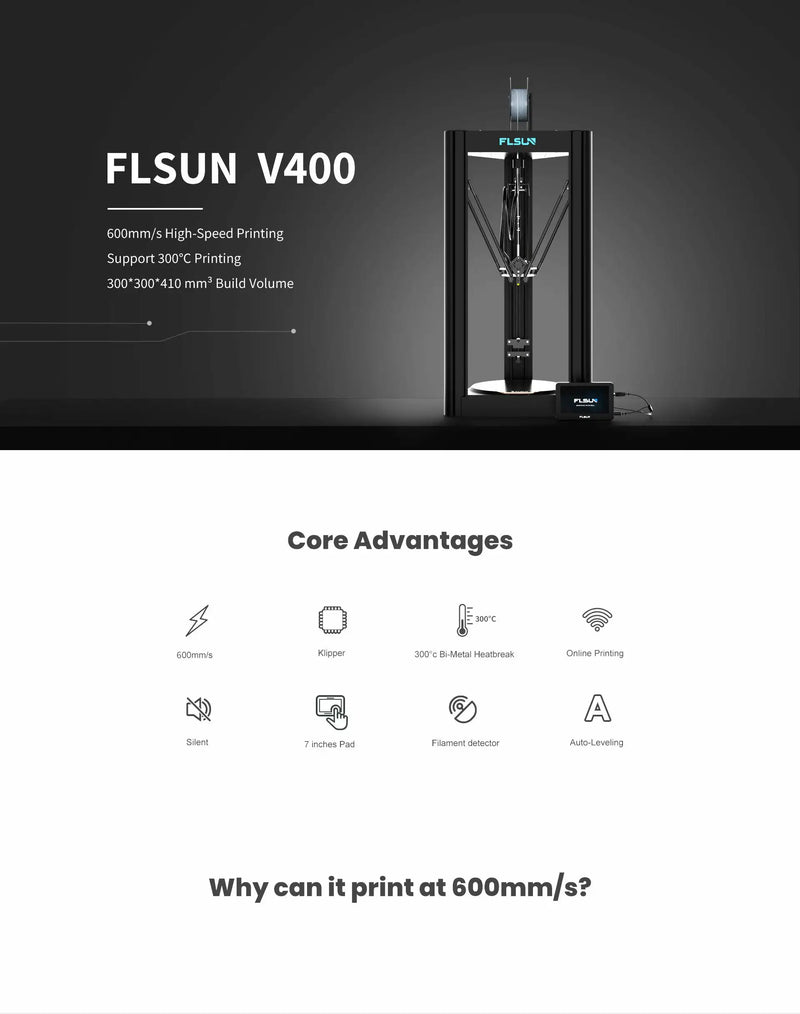 FLSUN V400 3D Printer Speed Up To 600mm/s Large Printing Size 300mm*300mm*410mm Auto Leveling Direct Drive Extruder 300℃ heating