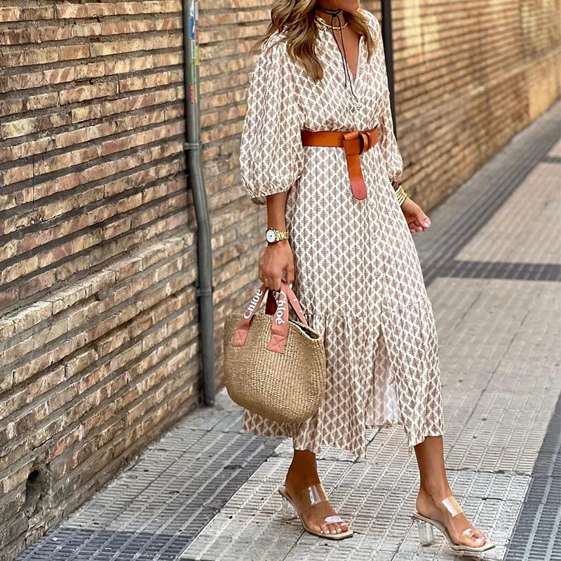 Vestido largo sencillo con escote en V y cinturón estampado de nueva moda para otoño e invierno