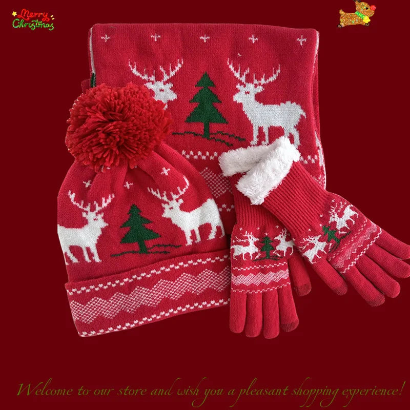 3 Pcs Christmas Hat Scarf Gloves Set Christmas Gifts Winter Christmas Knitted Elf Hat Santa Scarf for Party With Box