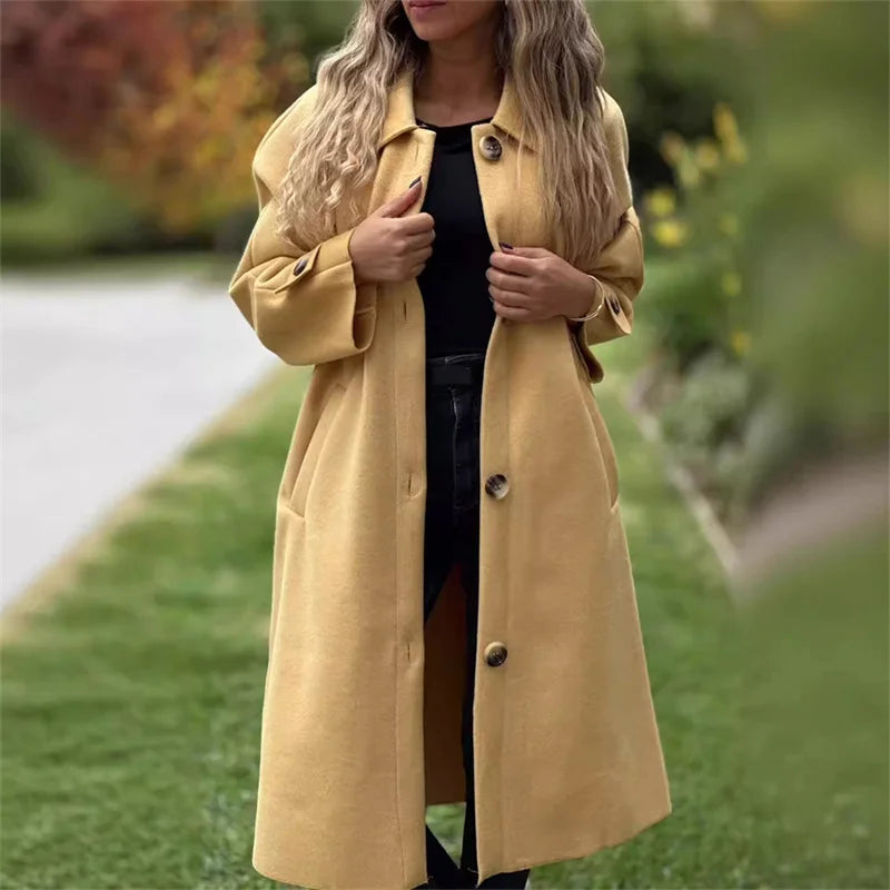 Autumn Winter Single-breasted Cardigan Tweed Jacket Women Large Lapel Double Pockets Long Outerwear Female Casual Commuter Coat