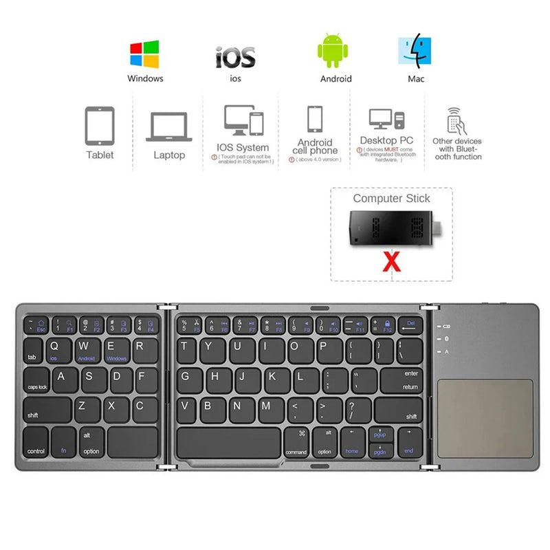 Mini teclado inalámbrico plegable con Bluetooth y panel táctil para teléfonos Windows, Android, iPad, recargable