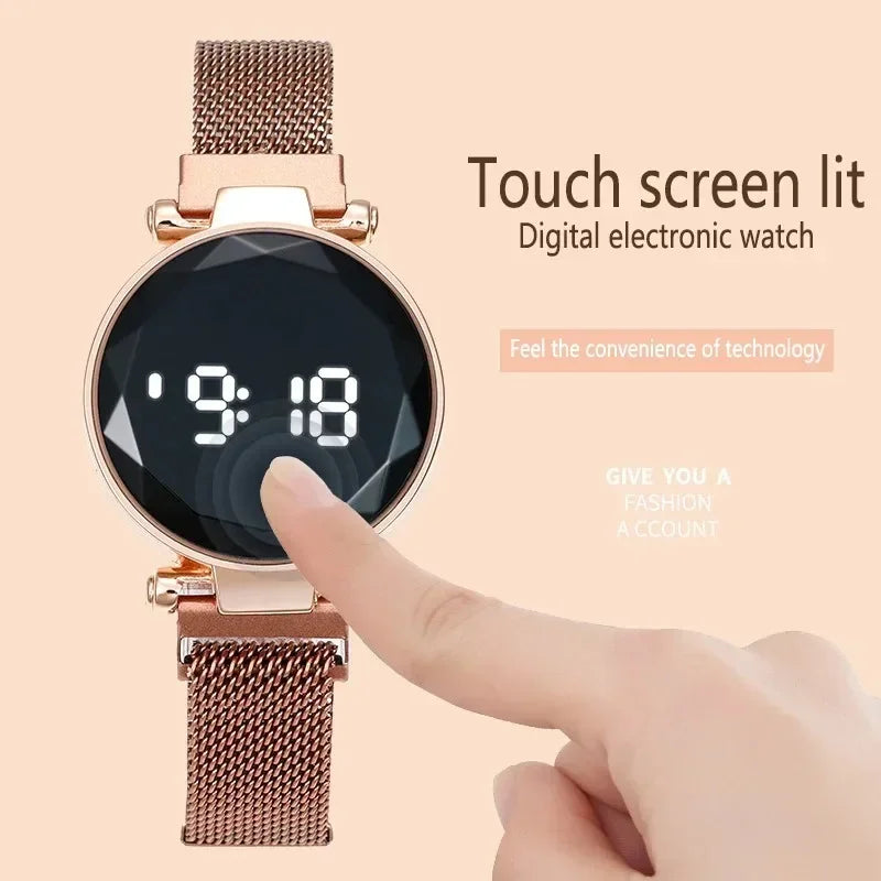 Reloj LED de lujo para mujer, pulsera magnética, relojes de oro rosa, relojes digitales de cuarzo para mujer, reloj femenino