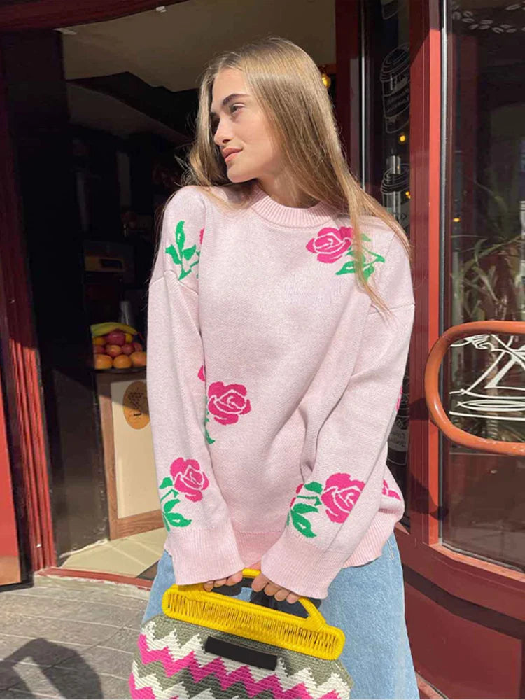 Women Elegant Flower Printed Knitted Jumper Top Chic Round Neck Long Sleeves Loose Pullovers Autumn Lady Fashion Streetwear 2024