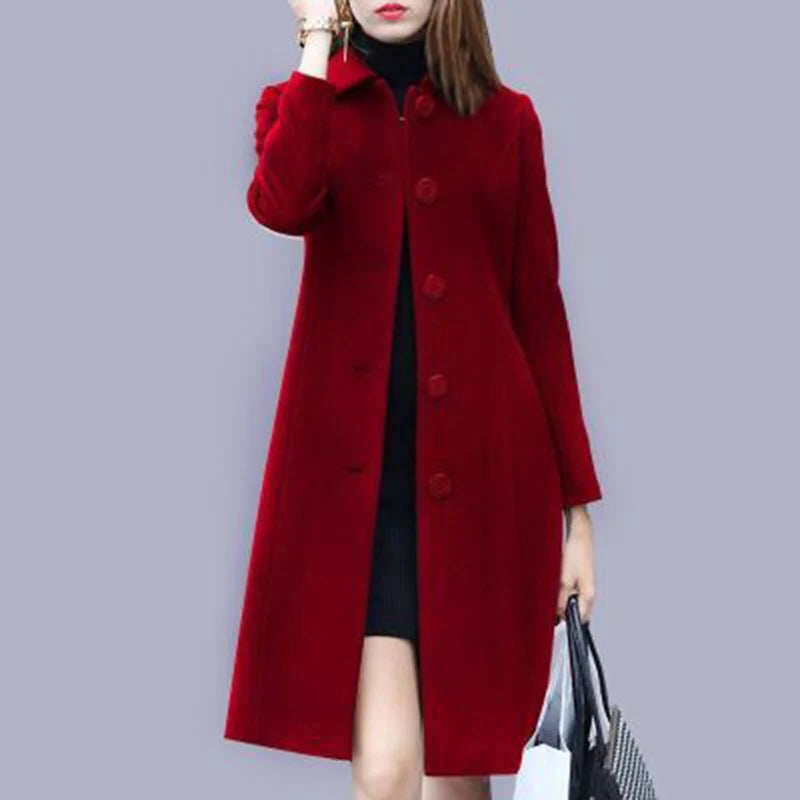 New Fashion British Solid Button Wool Coat Women Long Sleeve Jackets Woman Elegant Pocket Slim Outfit Mujer