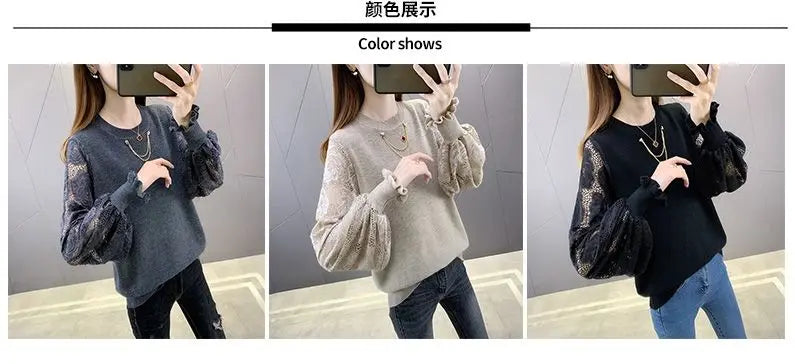 2023 New Spring and Autumn Round Neck Pullover Hollow Out Sweater Women's Knitted Loose Lace Fashion Casual Top Chain Trend