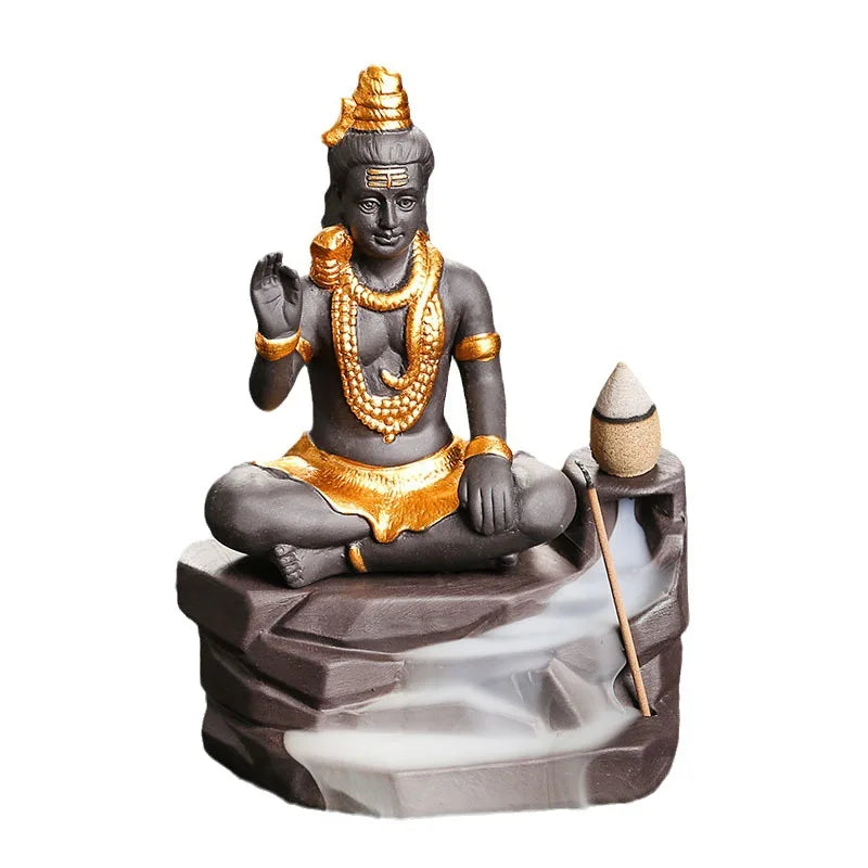 Adornos de Buda Shiva para decoración del hogar Quemador de incienso de reflujo Soporte de varilla de incienso de arcilla morada hecho a mano