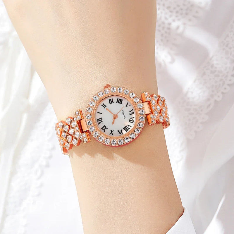 Juego de 5 piezas de relojes para mujer, anillo, collar, pendientes, diamantes de imitación, reloj de pulsera de moda para mujer, relojes casuales para mujer, conjunto de pulsera, reloj