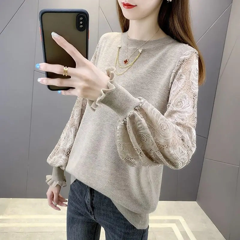 2023 New Spring and Autumn Round Neck Pullover Hollow Out Sweater Women's Knitted Loose Lace Fashion Casual Top Chain Trend