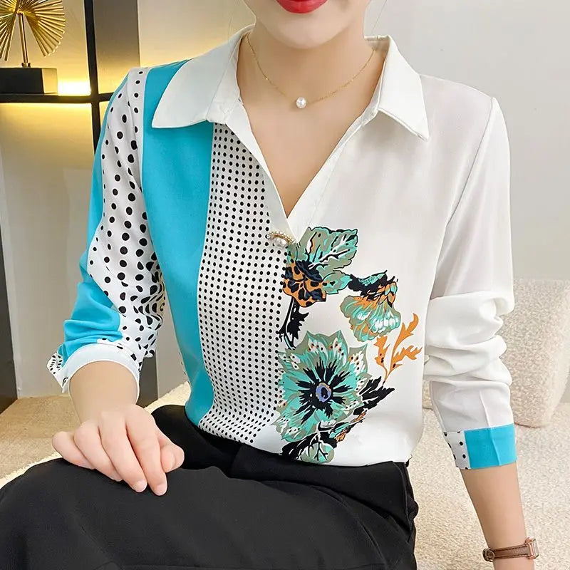 Women's Clothing Fashion Vintage Printed Spliced Long Sleeve Shirt Autumn Korean Casual Polo-Neck Beading Blouse for Female