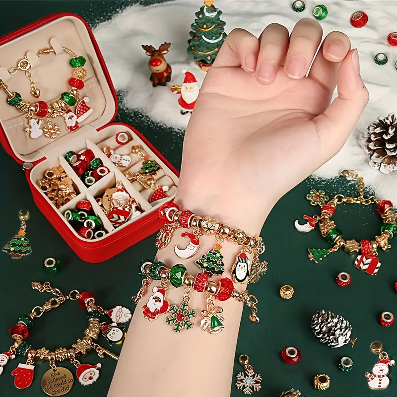 Festive Christmas Charm Bracelet Kit: 55 Pieces of Elegant Red & Green DIY Jewelry Making Set, Perfect for Women's Christmas Gifts